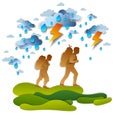 Hikers father and teenager son walking through thunderstorm and rain, motivation, survival, courage test. Vector illustration of Royalty Free Stock Photo