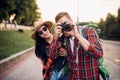 Hikers go sightseeing and makes photo for memory