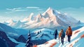 Hikers hiking in the snowy mountains illustration AI Generated