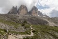 Hikers on a hiking trail in front of Tre Cime di Lavaredo, South Tyrol, the Dolomites, Italy