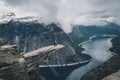 Trolltunga, Odda, Norway 21. June 2016, Hikers on the hiking trail to the world famous Trolltunga hike. Beautiful Norway, outdoors Royalty Free Stock Photo