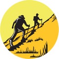 Hikers Hiking Up Steep Trail Circle Woodcut