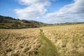 Hikers in landscape in Peak District in UK