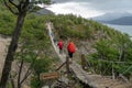 Hikers on Long Suspension Bridge