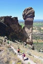 Hikers on Misery Ridge Trail in Smith Rock State Park, Oregon. Royalty Free Stock Photo