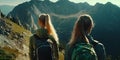 Hikers climbing and hiking through beautiful majestic mountains