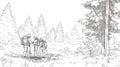 Hikers in a forest, line art, black and white sketch of people trekking through trees Royalty Free Stock Photo