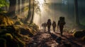 Hikers in mountain forest, group of people walk in woods on sunbeams background. Scenery of men, sunlight and trees in summer.