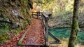 Hikers passing over wooden bridge crossing forest stream at Kamacnik canyon, Croatia during autumn season Royalty Free Stock Photo