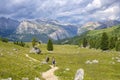 Hikers on a path with a beautiful view of the mountains in the Alps