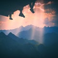 Hikers sit above the valley. Instagram stylisation Royalty Free Stock Photo