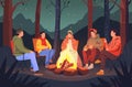 hikers sitting near campfire hiking camping concept people spend time at night summer camp in forest friends company on Royalty Free Stock Photo