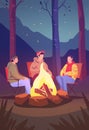 hikers sitting near campfire hiking camping concept people spend time at night summer camp in forest friends company on Royalty Free Stock Photo