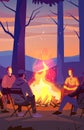 hikers sitting near campfire hiking camping concept people spend time at night summer camp in forest friends company on Royalty Free Stock Photo