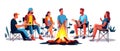 hikers sitting near campfire hiking camping concept people spend time at night summer camp in forest friends company on Royalty Free Stock Photo