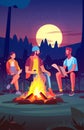 hikers sitting near campfire hiking camping concept people spend time at night summer camp in forest friends company on Royalty Free Stock Photo