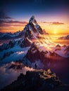 Hikers on a summit in a wintry mountain landscape Royalty Free Stock Photo