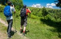 Hikers on trail to Koruldi Lakes in Mestia, Georgia