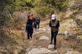 Hikers travel along a beautiful mountain route