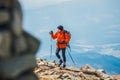 Hikers travel in the Babia Gora Mountain with a backpack