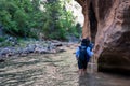 Hikers and trekkers in The Narrows trail on The Virgin River in Zion National Park Royalty Free Stock Photo