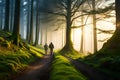 Hikers trekking through a dense, fog-covered forest, with trees disappearing into the mist