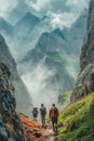 Hikers trekking through mountain trails, high in the mountain. Nature landscape.