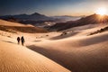 Hikers trekking through a rocky desert landscape, with sand dunes and rugged terrain stretching to the horizon Royalty Free Stock Photo