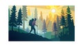 Hikers in Vibrant Forest at Sunset, vector design Generative AI Royalty Free Stock Photo