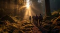 Hikers walk in forest at sunset or sunrise, group of people in pine woods. Scenic view of men, sunlight and trees in summer.