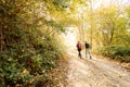 Hikers walking path in the woodland