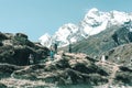 Hikers walking on Footpath in unusual Terrain Mountains and Desert Royalty Free Stock Photo