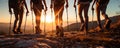 Hikers walking in fores in sunset light. Detail on hiker shoe rear view. copy space for text