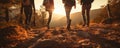 Hikers walking in fores in sunset light. Detail on hiker shoe rear view. copy space for text