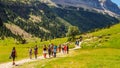 ORDESA/SPAIN; AUGUST/14/2018 Hikers walking through valley of Ordesa National Park on a sunny day