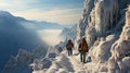 Hikers in the winter mountains. Climbers walk along the snow covered trail