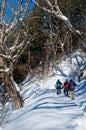 Hikers in winter on the Nakasendo Way, Japan.