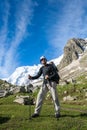 Hikier is climbing mountain in Caucasus Royalty Free Stock Photo