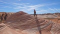 Sports Hiking Woman Climbs Up The Red Rock Background The Sky Royalty Free Stock Photo