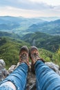 Hiking Adventure Panorama Close Up of Feet with Hiking Shoes from a Young Woman Resting on Top of a High Hill or Rock, Landscape