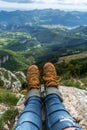 Hiking Adventure Panorama Close Up of Feet with Hiking Shoes from a Young Woman Resting on Top of a High Hill or Rock, Landscape