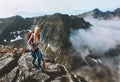 Hiking adventures woman trail running in mountains with backpack solo travel outdoor Royalty Free Stock Photo