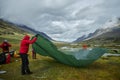 Hiking in the Altai mountains, amazing landscape of the valley of the mountain range. Group hiking, multi-day backpacking. Russia