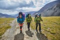 Hiking in the Altai mountains, amazing landscape of the valley of the mountain range. Group hiking, multi-day backpacking. Russia