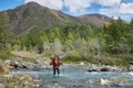 Hiking in the Altai mountains, amazing landscape of the valley of the mountain range. Group hiking, multi-day backpacking. Russia