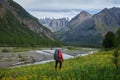 Hiking in the Altai mountains, amazing landscape of the valley of the mountain range. Group hiking, multi-day backpacking. Russia