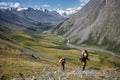 Hiking in the Altai mountains, amazing landscape of the valley of the mountain range. Group hiking, multi-day backpacking. Russia