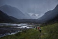 Hiking in the Altai mountains, amazing landscape of the valley of the mountain range. Group hiking, multi-day backpacking. Russia