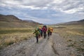 Hiking in the Altai mountains, amazing landscape of the valley of the mountain range. Group hiking, multi-day backpacking. Russia