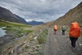 Hiking in the Altai mountains, amazing landscape of the valley of the mountain range. Group hiking, multi-day backpacking. Russia